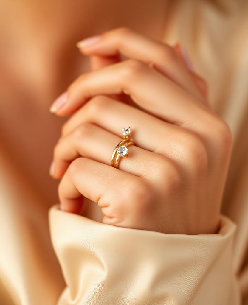 Anéis dourados com zircônia em mãos femininas